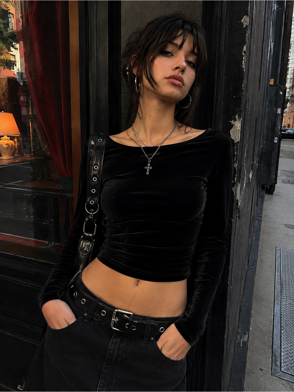 Abercrombie Black Velvet Long-Sleeve Crop Top